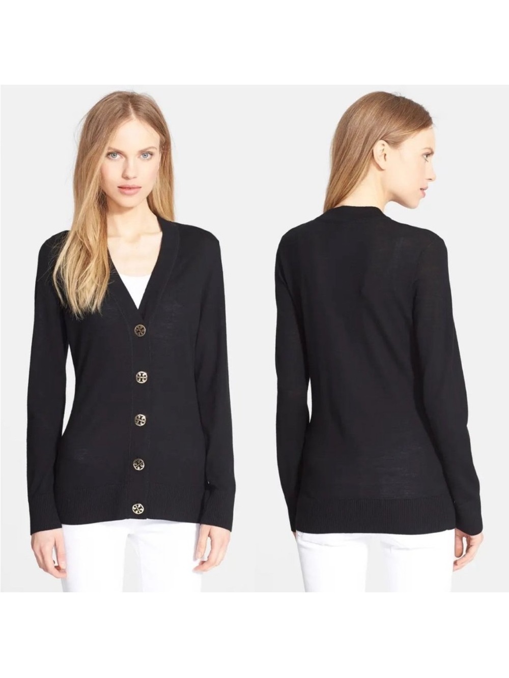 Tory Burch Simone black cotton cardigan with Gold Logo Buttons
